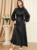 Bow Tie Neck Chic Eid Full Cover Ramadan Gown Puff Sleeve Morocco Muslim Dress Women Abaya Casual Islam Long Robe Femme Clothes