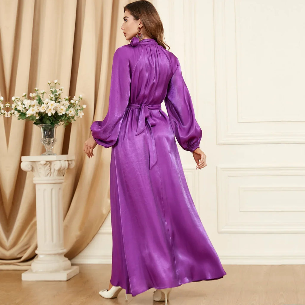 Bow Tie Neck Chic Eid Full Cover Ramadan Gown Puff Sleeve Morocco Muslim Dress Women Abaya Casual Islam Long Robe Femme Clothes