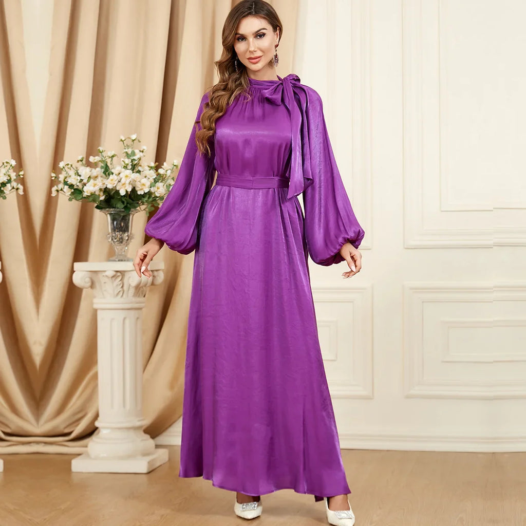 Bow Tie Neck Chic Eid Full Cover Ramadan Gown Puff Sleeve Morocco Muslim Dress Women Abaya Casual Islam Long Robe Femme Clothes