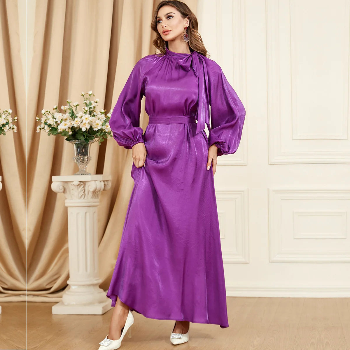 Bow Tie Neck Chic Eid Full Cover Ramadan Gown Puff Sleeve Morocco Muslim Dress Women Abaya Casual Islam Long Robe Femme Clothes