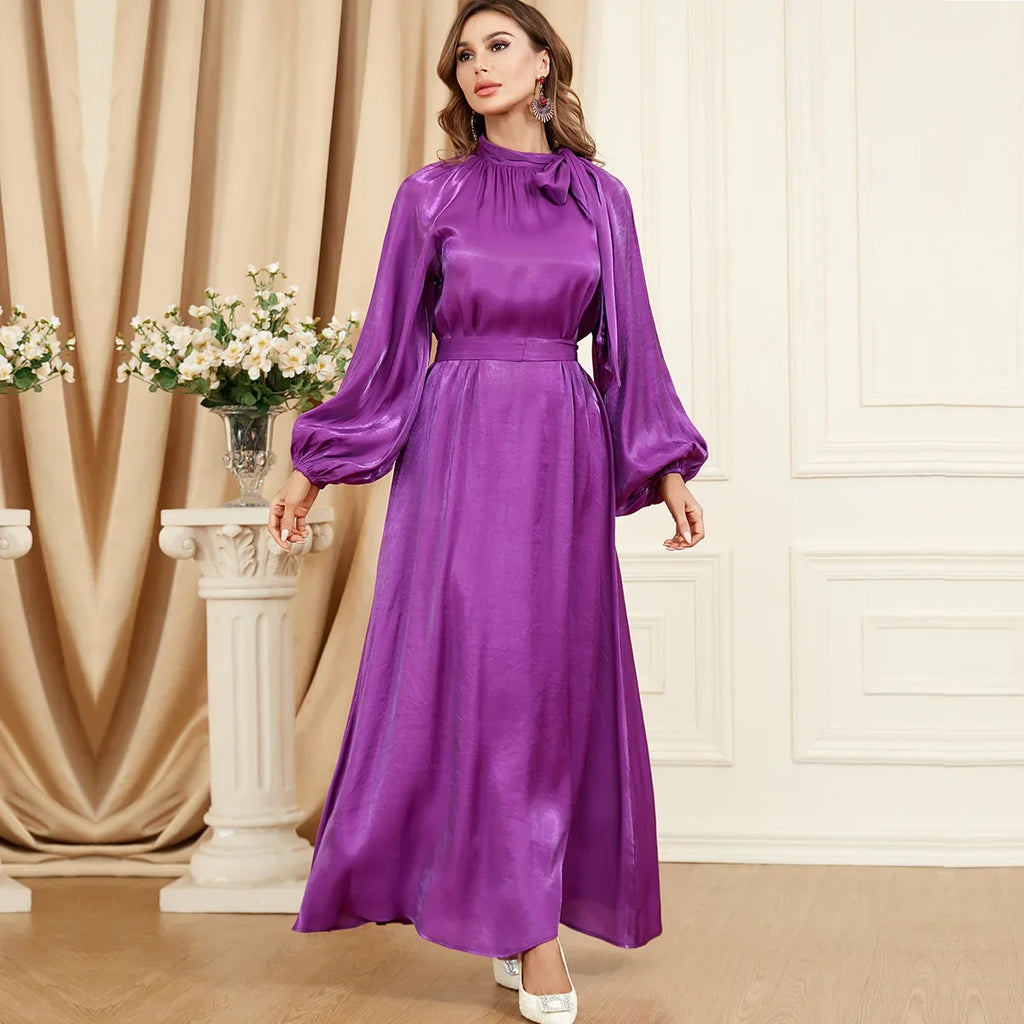 Bow Tie Neck Chic Eid Full Cover Ramadan Gown Puff Sleeve Morocco Muslim Dress Women Abaya Casual Islam Long Robe Femme Clothes