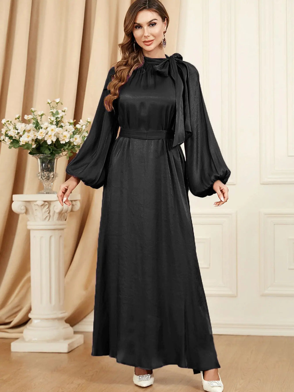Bow Tie Neck Chic Eid Full Cover Ramadan Gown Puff Sleeve Morocco Muslim Dress Women Abaya Casual Islam Long Robe Femme Clothes