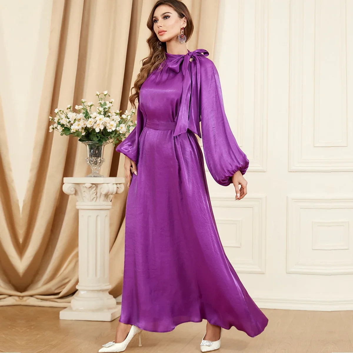 Bow Tie Neck Chic Eid Full Cover Ramadan Gown Puff Sleeve Morocco Muslim Dress Women Abaya Casual Islam Long Robe Femme Clothes